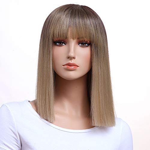 GOTTA Bleach Blonde Bob Short Medium Length Wigs for Wwomen 14'' Straight Ombre Synthetic Hair Full with Bang Hair Replacement Wig, Dark Brown to Bleach Blonde(T4/16)
