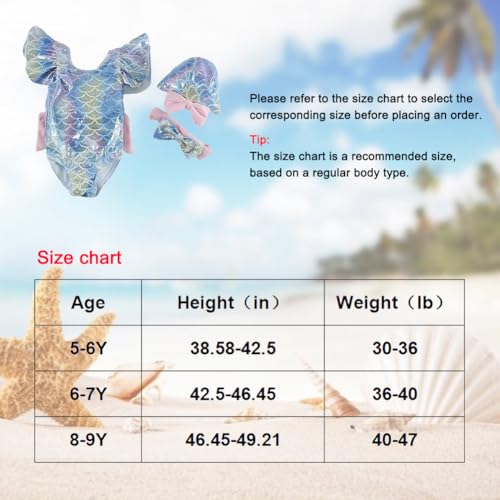 Girls One Piece Swimsuit Set, Mermaid Bathing Suit with Swim Cap Hair Band for Girls, Kids Swimwear for Ages 5-93