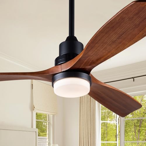 Image of 52 Inch Outdoor Ceiling Fans with Lights and Remote Control, Dimmable Outdoor Ceiling Fans for Patios 3 Blade Wood Black Walnut Bedroom Ceiling Fan with Light, Wall Switch