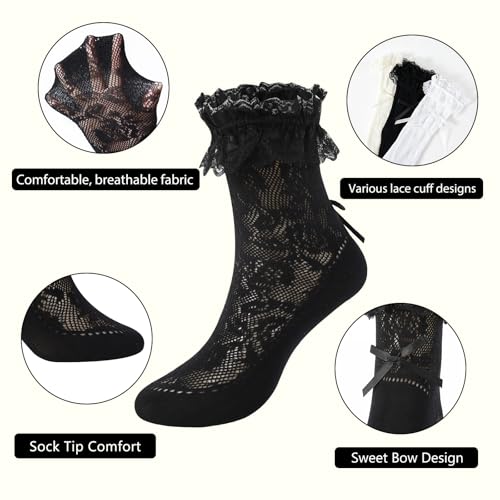 Image of YOYOU Lace Ruffle Socks for Women Cute Socks for Dress Loafer Mary Jane Ballet Flats One Size 5-9