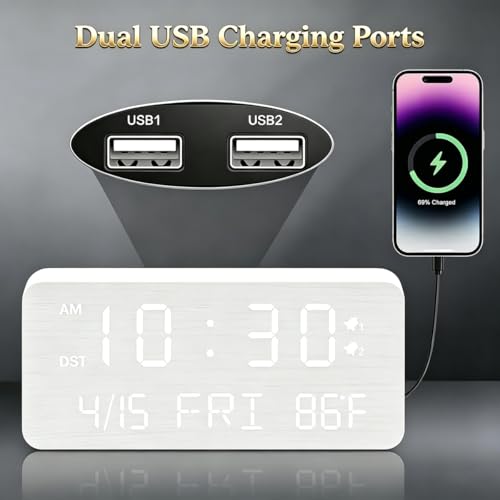 Wooden Digital Alarm Clock for Bedroom Desk Clock with Date, Day of Week, Temperature, Dual Alarms, Dimmer, USB Port Charge, DST, Adjustable Volume for Living Room/Office Wood Decor (White) - Image 3