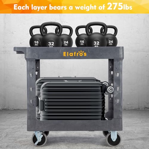 Image of ELAFROS 2-Tier Heavy Duty Rolling Cart, 34 x 17 in, 2 Fixed 2 Swivel, Gray