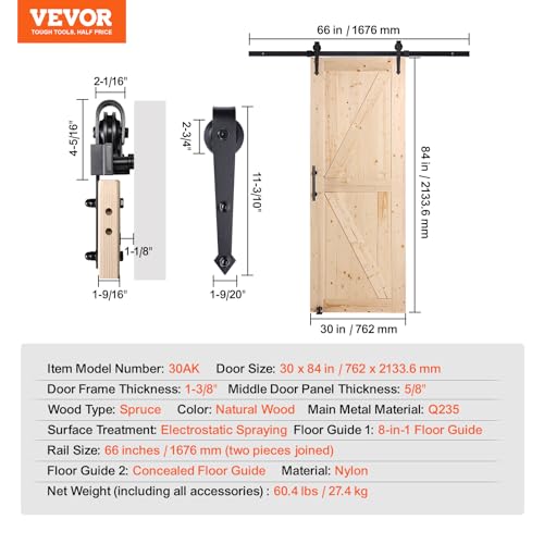 VEVOR Scheunentor und Hardware-Set Schiebetürsystem, 762 x 2133,6 mm Holz-Schiebetor, sanft und leise, Scheunentor-Set mit 8-in-1-Bodenführung und Türgriff, Fichtenholz-Platte