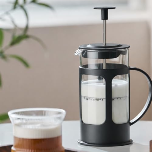 Image of French Press Coffee & Tea Maker Borosilicate Glass Carafe 4 Level Filtration System Stainless Steel Plunger with Mesh 1-2 Cups of Coffee Brews in Just 3 Minutes BPA Free Lid Strainer Black 300 ML