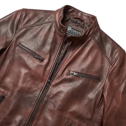 Image of Men Cafe Racer Motorcycle Style Solid Leather Jacket Slim Fit Motorcycle Brown Cafe Racer Leather Jacket