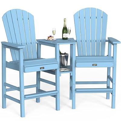 VINGLI Tall Adirondack Chairs Set of 2, HDPE Balcony Chair with Double Connecting Tray Weather Resistant Outdoor Bar Stools for Patio Deck Lawn Pool Backyard (Blue)