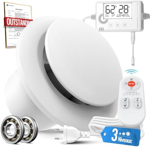 3 Vitesses Extracteur d'Air Automatique Détecteur Humiditer et Température, Minuterie, Télécommande, 100mm VMC Salle de Bain Hygroréglable, Silencieux et Puissant Ventilation P109