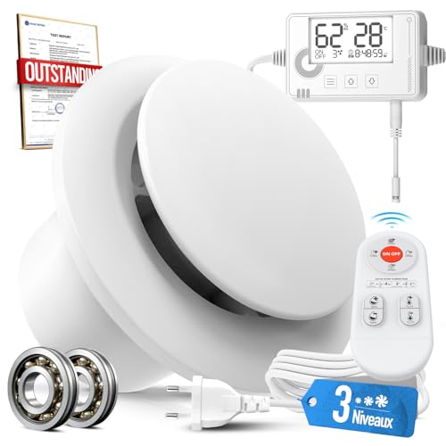 SBONNI 3 Vitesses Extracteur d'Air Automatique Détecteur Humiditer et Température, Minuterie, Télécommande, 100mm VMC Salle de Bain Hygroréglable, Silencieux et Puissant Ventilation P109