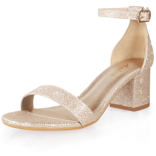 Image of Ankis Nude Silver Black Heels Women's Open Toe Ankle Strap Block Chunky Low Heeled Sandal Comfortable Office Wedding Dress Pump Shoes Standard Size 2.25 Inches Heel Design