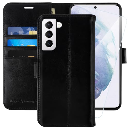 MONASAY Wallet Case Compatible for Galaxy S21 5G, 6.2 inch,[Screen Protector Included][RFID Blocking] Flip Folio Leather Cell Phone Cover with Credit Card Holder, Black