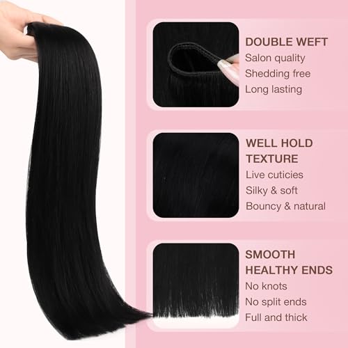 Image of GOO GOO Sew in Hair Extensions Real Human Hair, Weft Hair Extensions Human Hair, 1 Jet black 16inch 120g, Weft Bundles Straight Silky Remy Hair