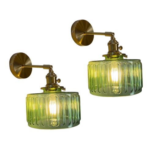 Image of Vintage Wall Sconces with Switch Glass Shade Modern Brass Wall Light Fixtures E27 Base Bedside Wall Mounted Lamp for Bedroom Bathroom Living Room Farmhouse Vanity (Green-2Pcs)