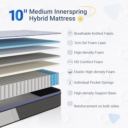 Image of Avenco Twin XL Mattress, Twin XL Mattress 10 Inch, Medium Firm Hybrid Twin XL Mattress in a Box, Pocket Innerspring for Motion Isolation, Bamboo Charcoal Memory Foam for Odor Reducing