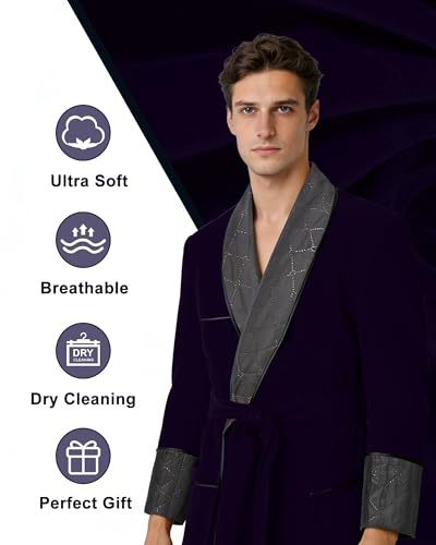 Image of Men's Long Velvet Smoking Jacket Smoking Robe with Belt Shawl Lapel Quilted Dressing Gown