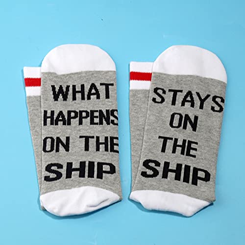 JXGZSO 2 Pairs Cruise Gift Family Cruise Socks What Happens On The Ship Stays On The Ship Socks Cruise Ship Gift3