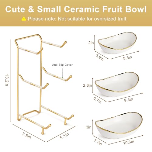YUNLINLI 3-Tier Ceramic Fruit Bowl, Modern Fruit Basket for Kitchen Countertop, Tiered Fruit Display Stand with Gold Metal Stand, Non-Slip & Chip-Resistant, Dishwasher Safe (Gold&White) - image 7