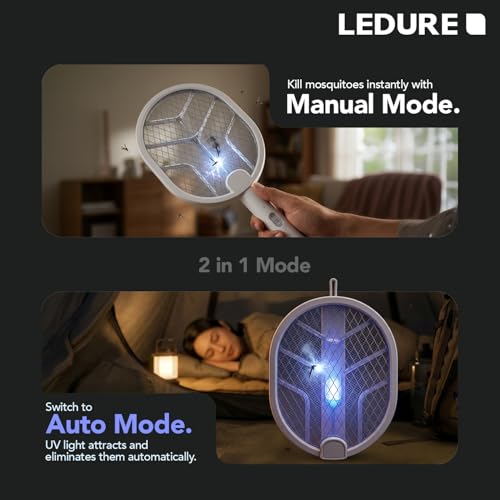 Image of Ledure UV Shastra Foldable Mosquito Bat with UV Light | 2-in-1 Rechargeable Mosquito Racquet with USB Type-C | 6 Months Warranty | Electric Mosquito Killer Racket | Rotatable Bug Zapper | White