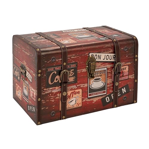 Household Essentials Medium Decorative Trunk, Coffee Shop Faux Decoupage, Antique Exterior, Leather and Metal Accents, Fabric Interior, Hinged Lid, Brown