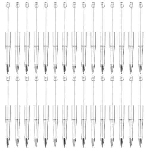 PATIKIL Beadable Pens, 30 Pack Black Ink Plastic Bead Pen Creative DIY Ballpoint Pens for Teacher Office DIY Crafts Party Decorations Handmade Supplies, Silver