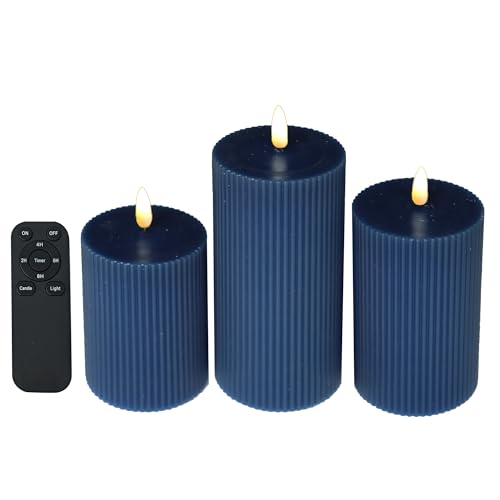 Image of 3 Pack Wax LED Flameless Candles with Remote Real Wax Battery Operated Electric Pillar Candle Set with Vertical Stripes 3D Black Wick for Home Party Wedding Decorations, Navy Blue, D 3 x H 4 /5 /6 inch