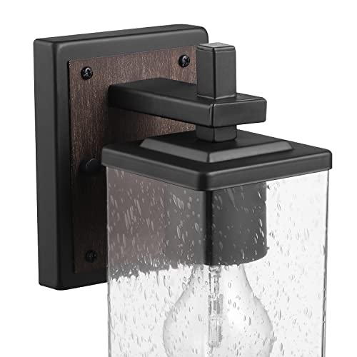 Image of Globe Electric 51675 Dakota 1-Light Vanity Light, Matte Black, Dark Faux Wood Accents, Clear Seeded Glass Shade