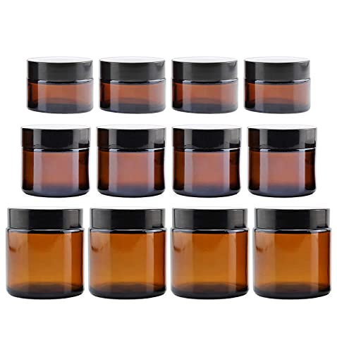 Combo Pack of 1, 2 & 4-Ounce Amber Glass Straight Sided Jars (4 Each / 12 Total); Great Containers for Cosmetics, Lotions, Body Scrubs & Balms Combo Pack of 1, 2 & 4-Ounce Amber Glass Straight Sided Jars (4 Each / 12 Total); Great Containers for Cosmetics, Lotions, Body Scrubs & Balms