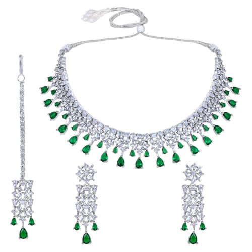 Image of ASMITTA Jewellery Silver American Diamond Necklace Set with Maang Tikka | Traditional Rhodium-Plated CZ Jewellery Sets for Women | Perfect for Bridal Weddings, Festivals & Special Occasions