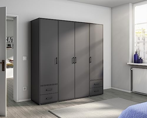 Rauch Möbel Voyager, Kleiderschrank für Schlafzimmer, Kinderzimmer, Babyzimmer, Jugendzimmer, Flur, 4-türig, 4 Schubladen, mit Zubehör Basic, Farbe Grau metallic, Schwarz, Breite 187cm