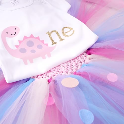 Baby Girls Dino 1st Birthday Tutu Outfit Infant Cotton Romper+Tutu Skirt+Dino Tail Cake Smash 3PCS Clothes Set4
