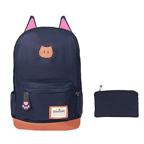 Moolecole Leather & Canvas Backpack School Bag with Cat's Ears Design Dark Blue