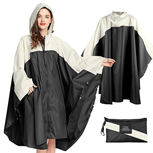 SOPPY Regenmantel f&uuml;r Frauen, Langer Regenponcho wasserdichte Regenbekleidung Regenjacke Winddichte Regencape Raincoat Regenschutzbekleidung mit Pattentasche Kapuze Tunnelzug, Schwarz & Wei&szlig;