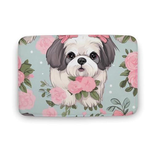 Shih Tzu Dog Coral Velvet Rugs Non-Slip Bathroom Rugs Soft Kitchen Rug Floor Carpet for Home Decor 15.7