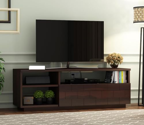 Image of Solid Sheesham Wood TV Unit with 3 Shelves & Drawer Storage - Elegant Wooden TV Unit for Living Room | Fits up to 55-inch TV - Solid Living Room Furniture (Reck, Walnut Finish)