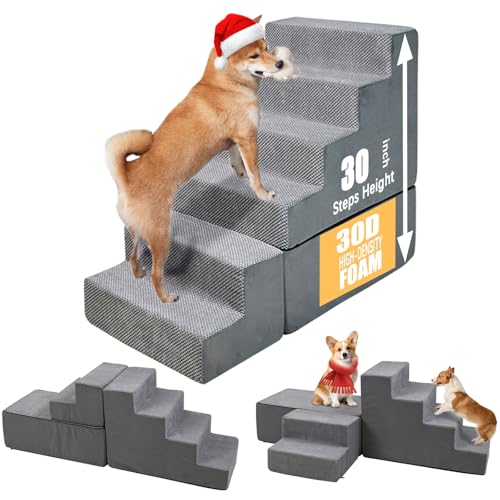 LitaiL 30 Inch Dog Stairs&Steps- 6 Steps for High Beds 30-36" High, Non Slip Foam Ramp for Small Dogs/Cats & Older Pets Grey