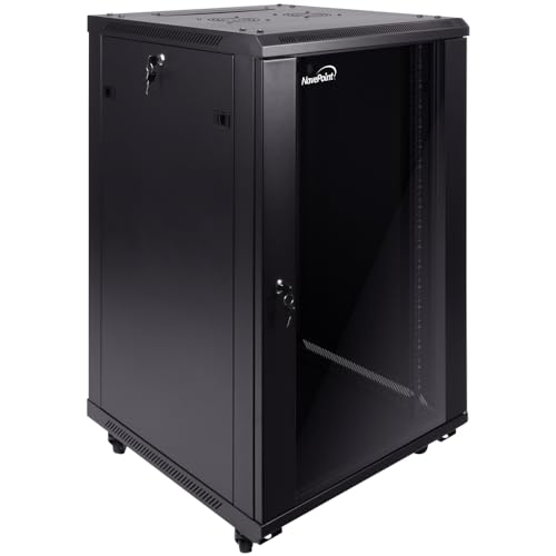 Image of NavePoint 18U Server Cabinet Wall Mount Rack Enclosure with Caster Wheels, 2 Fans, Locking Glass Door, Removable Side Panels - 18U Network Cabinet 23.6 inch Deep, 19 inch Server Rack for IT Equipment