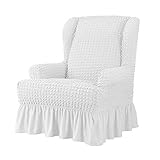 EIVMAX Seersucker Stretch Wingback Chair Slipcover with Skirt 1-Piece White Wing Chair Covers Wingba