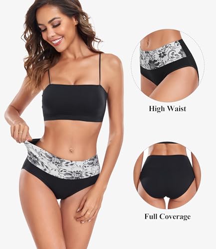 Image of coskefy High Waist Cotton Underwear for Women Full Coverage Panties Floral Print Briefs for Ladies 5 Pack