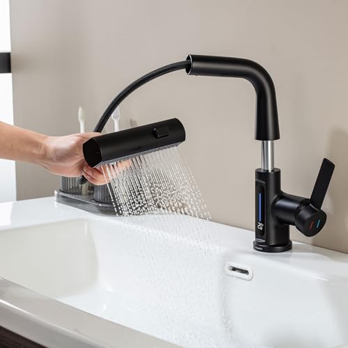 LakeBayMZC Robinet de salle de bain avec LED de température, avec douche amovible à 3 modes, mitigeur de lavabo amovible, robinets de salle de bain, réglable en...