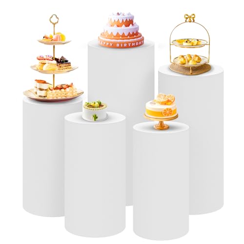 SaitiMade Set of 5 - White Cylinder Pedestal Stand Covers, Spandex Cylinder Stand Covers for Party, Wedding or Birthday Event Decor - Only Contains Cylinder Covers