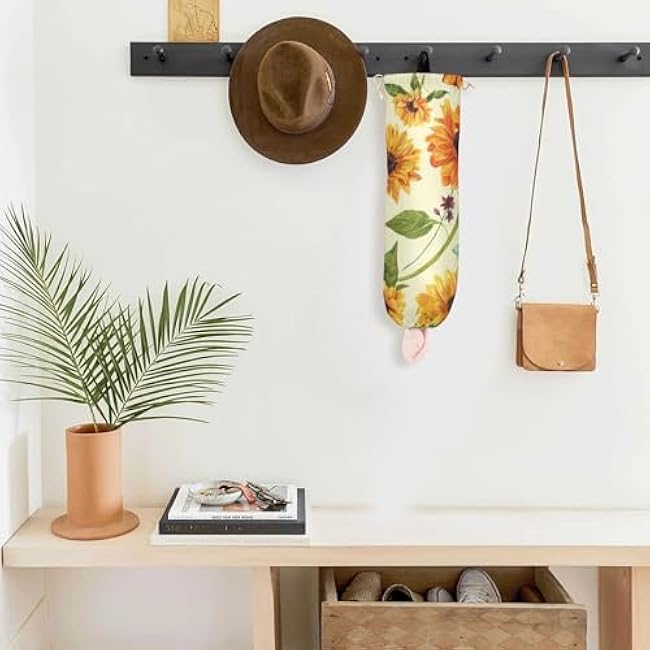 YETTASBIN Sunflower Plastic Bag Holder, Reusable Grocery Bag Holder Versatile Wall Mount Storage Bag Dispenser with Drawstring for Home Kitchen Decor 1 Pack