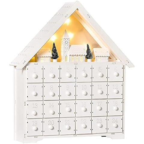 HOMCOM Adventskalender zum Befüllen 24 Schubladen Fächer Weihnachtskalender mit LED-Lichtern 2-in-1-Design Weihnachtsdekoration DIY Sperrholz-Platte Weiß 39 x 9 x 42 cm Cover