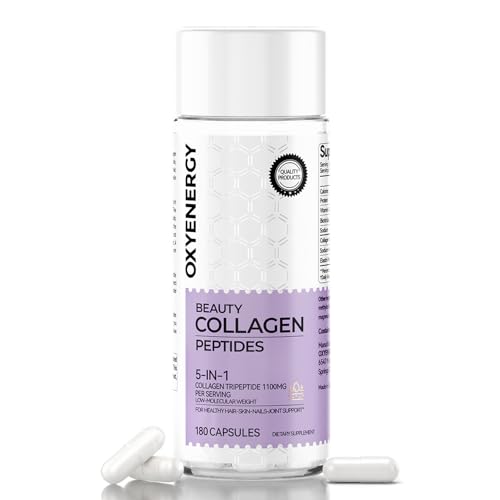 OxyEnergy Collagen Peptides Capsules for Women, 1100mg Hydrolyzed Collagen Tripeptides(Type III) Supplements with Biotin and Vitamin C, 180 Collagen Pills to Promotes Hair, Nail, Skin, 2 Months Supply
