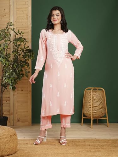 Image of BHARVITA Women's Cotton Blend Lucknowi Embroidered Chikankari Straight Kurta, with Pant Set
