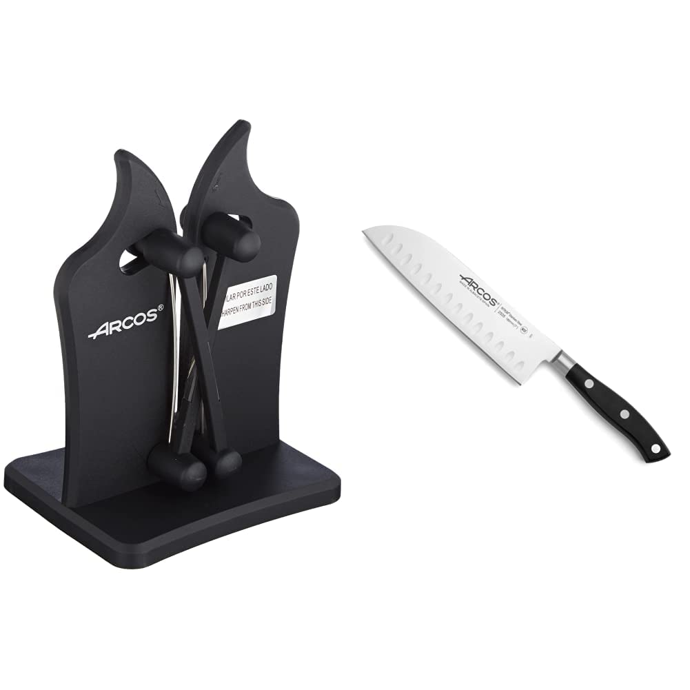 Arcos Afilador Profesional de Cuchillos y Cuchillo Santoku Asiático - Serie Riviera, Hoja de Acero Inoxidable Forjado NITRUM 180 mm, Mango de Polyoxymethylene