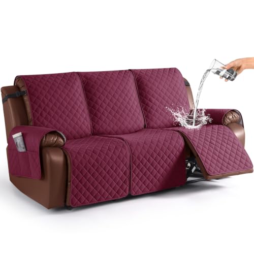 Image of KinCam Recliner Sofa Covers for 3 Seat, 100% Waterproof Reclining Couch Covers, Non-Slip Recliner Couch Cover Furniture Protector with Elastic Straps for Pets, Kids, Burgundy