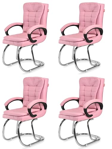Image of GOYALSON Leatherette Double Cushion Office Guest Chair Sleek, Comfortable Seating for Visitors in Lobby, Reception (4, Pink, Double Pipe Chrome Steel Frame)