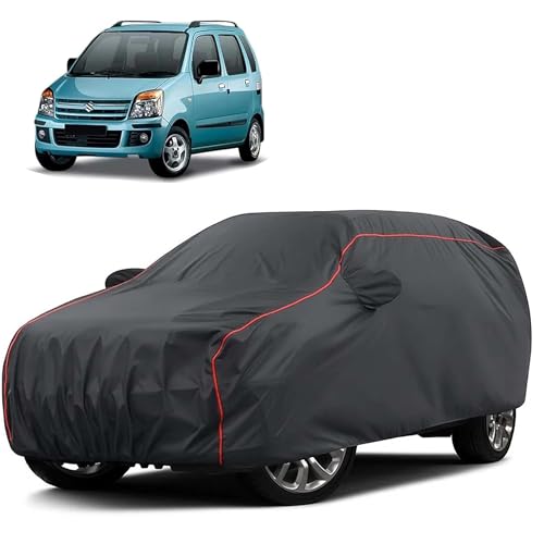 Image of Sulfar 100% Water Resistant Car Body Cover Compatible with Mirror for Maruti Suzuki Old Wagonr (Triple Stitched, Full Bottom Elastic, Dark Grey Taffeta with Red Piping)
