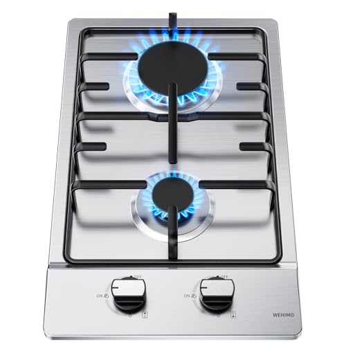 WEHIMO Gaskochfeld 2 Flammig, Edelstahl Einbau-Gaskochfeld, 30cm, 3700W, 2 Kochzonen (2700W+1000W), Domino Gaskochfeld für Propangas und Erdgas, Geeignet für Alle Töpfe