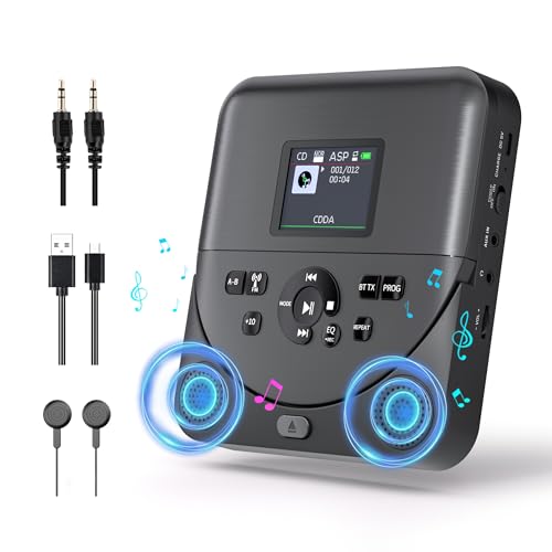 ポータブルCDプレーヤー Bluetooth送受信・ スピーカー内蔵（REC）録音機能・FMトランスミッター付きAUX出入力機能2000mAh充電池内蔵 CD･MP3･32GB MicroSDカード等対応 A-Bリピート･プログラム再生 EQエフェクトASP音飛び防止 3.5mmイヤホン付きPSE認証済み語学学習 胎児教育 音楽鑑賞適用