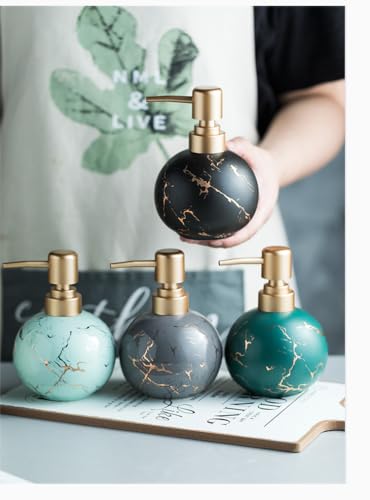 Image of Luxury Ceramic Soap Dispenser (Luxe Blue) - 350ml Round Modern Refillable Lotion Shampoo Handwash Bottle Matte Blue with Gold Marbling Premium Countertop Accessory for Bathroom, Kitchen & Wash Basin